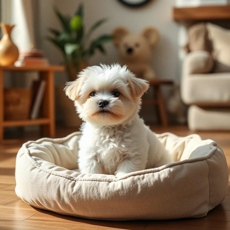 Perrito blanco feliz en su camita personalizada